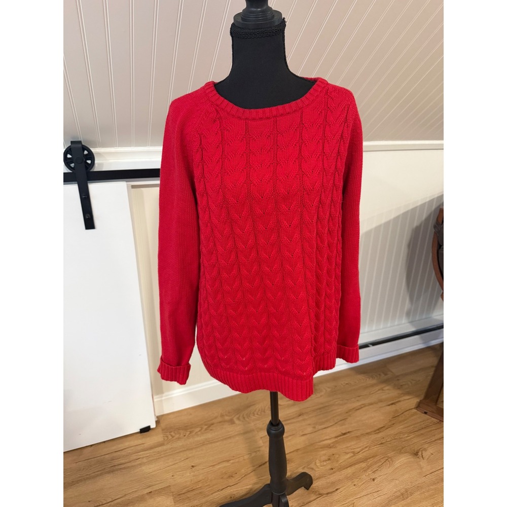 Lands End Drifter Sweater Womens XL Red Cable Knit Cotton Crew Neck Pullover